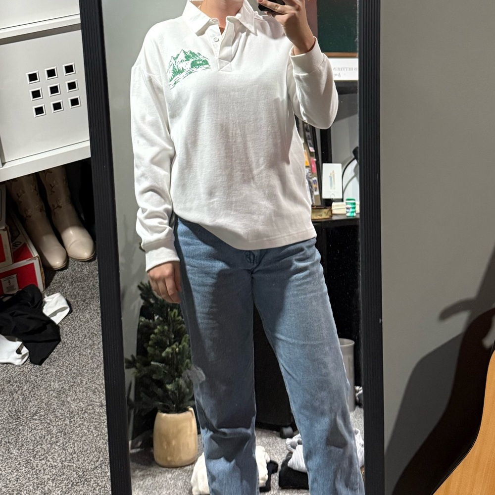 White Long Sleeve Polo Shirt with Green Logo